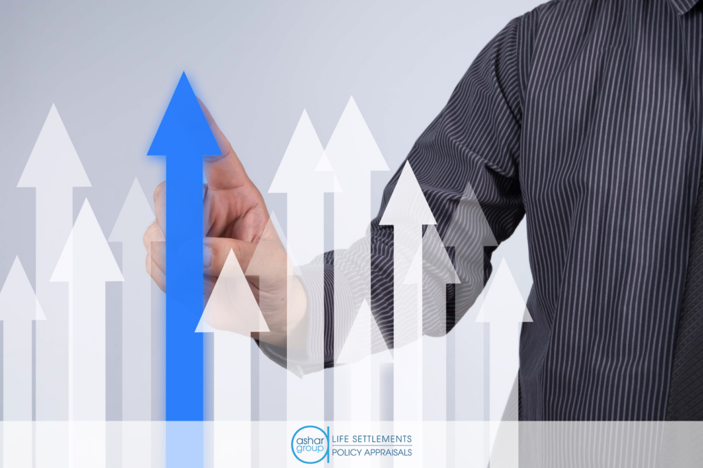 concept graph showing growth in life settlement industry with white arrows and one blue arrow pointing up